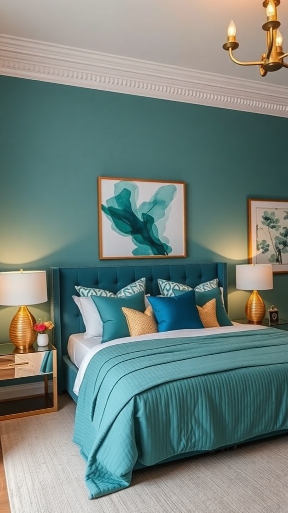 A stylish teal bedroom featuring gold decorative elements, including lamps and artwork.
