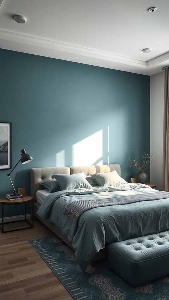 A cozy bedroom featuring a teal wall, gray bedding, and wooden flooring