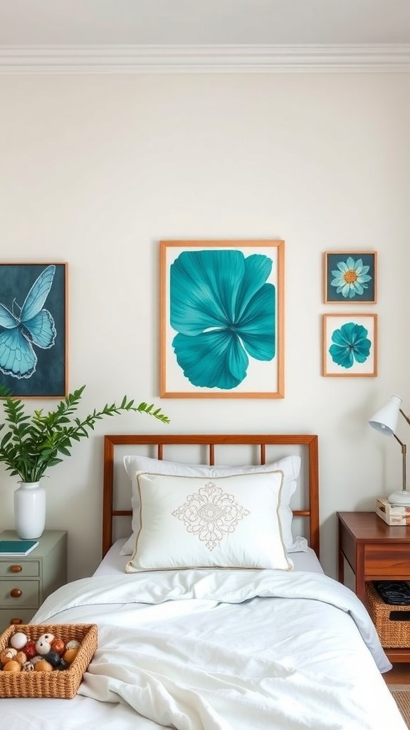 Teal floral artwork on bedroom walls with a bed and plant decor