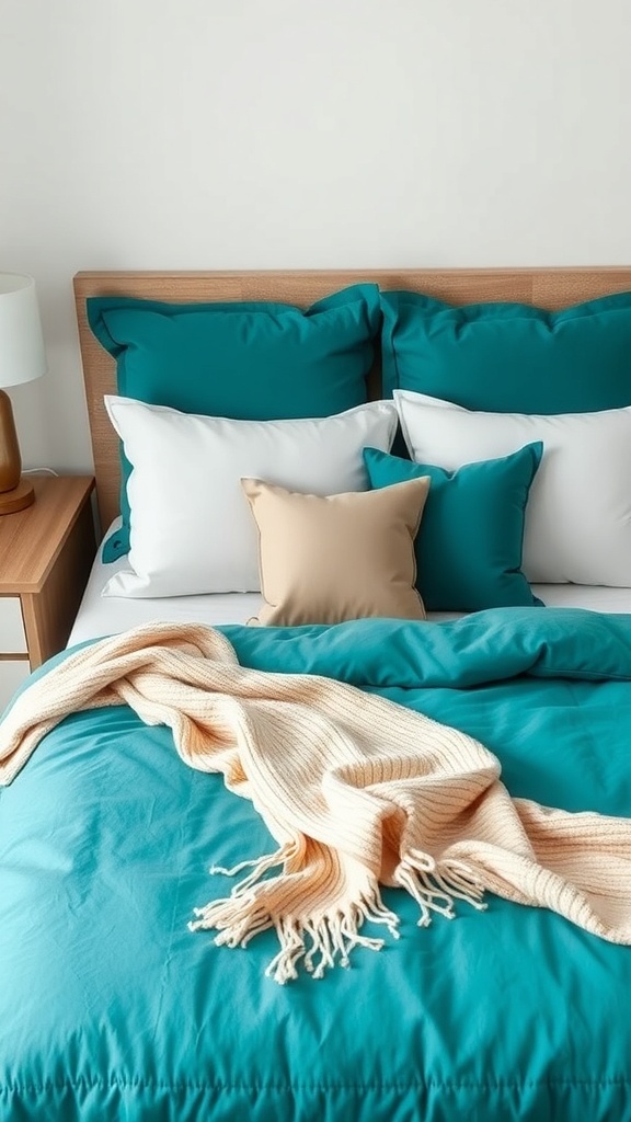 A cozy teal bedding setup with pillows and a cream throw
