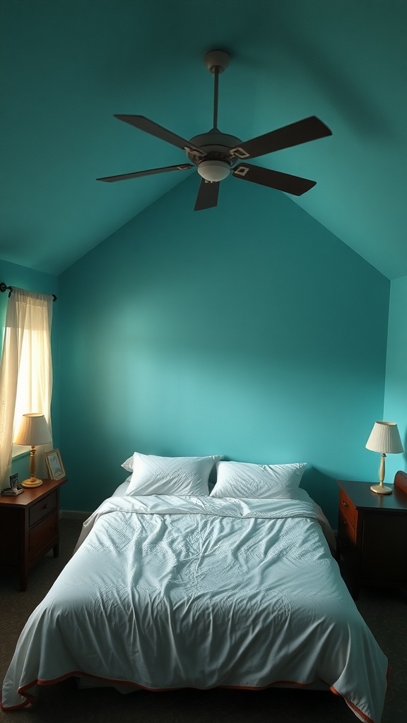 Cozy bedroom with a teal ceiling, light bedding, and wooden furniture.