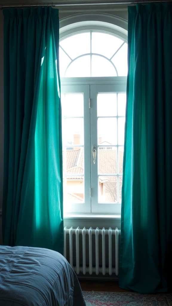 A window with teal curtains allowing light control in a bedroom