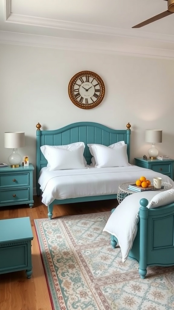 A teal bedroom featuring a teal bed frame, nightstands, and a cozy chair, with white bedding and a decorative rug.