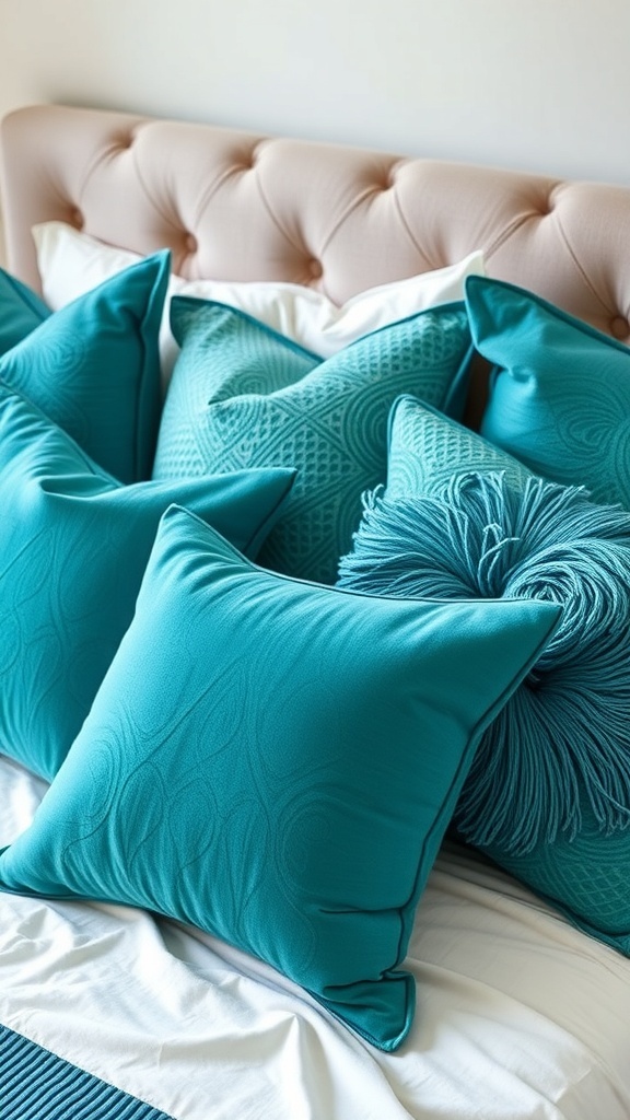 A collection of teal throw pillows with various textures on a bed.