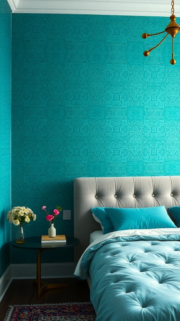 A teal wallpapered bedroom featuring a tufted headboard, matching bedding, and a small side table with flowers.