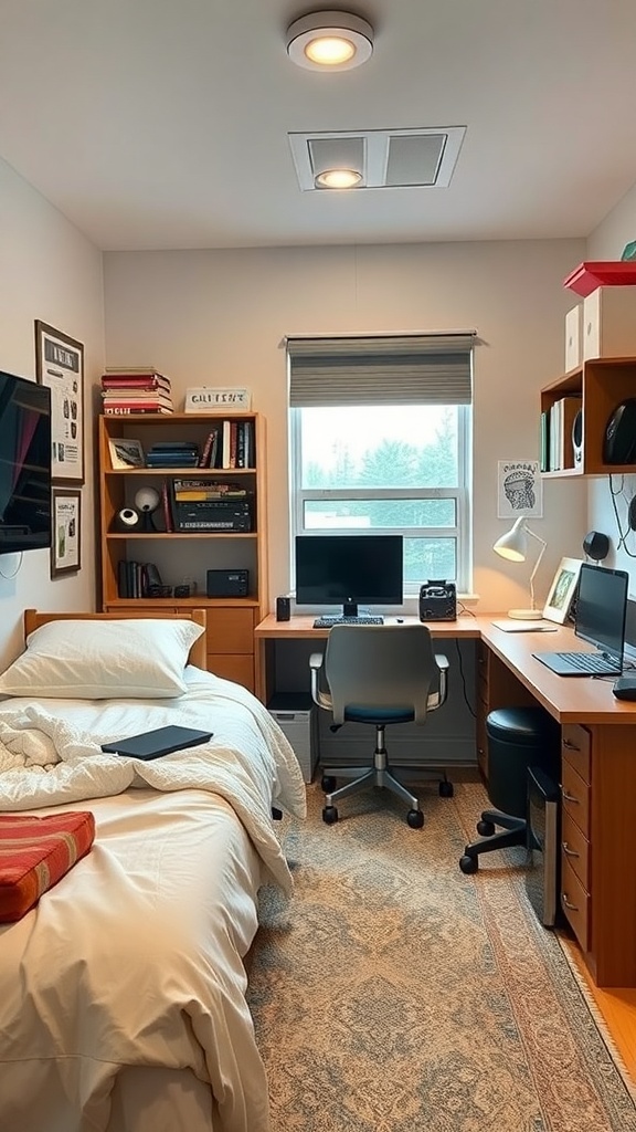 A cozy dorm room featuring a bed, desk with computer, and bookshelves.