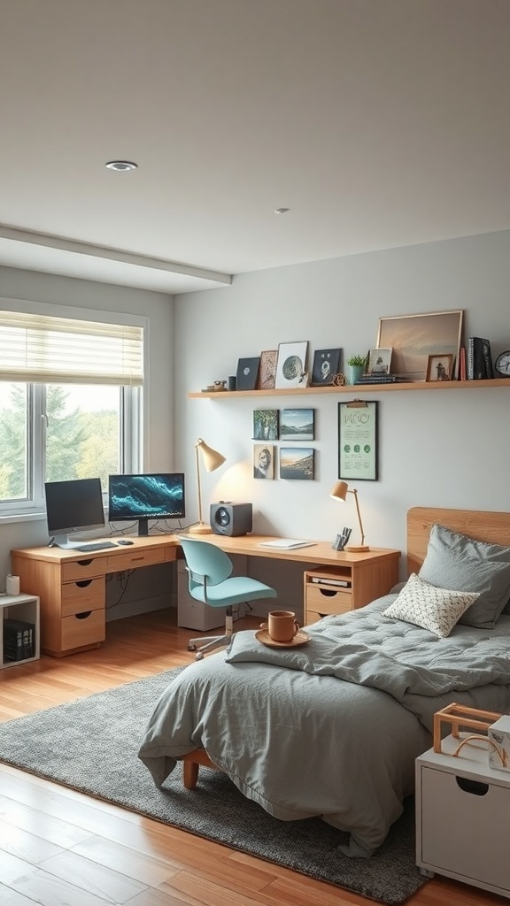 A cozy and organized teen girl's bedroom featuring a study area with a computer, stylish chair, and personal decor.