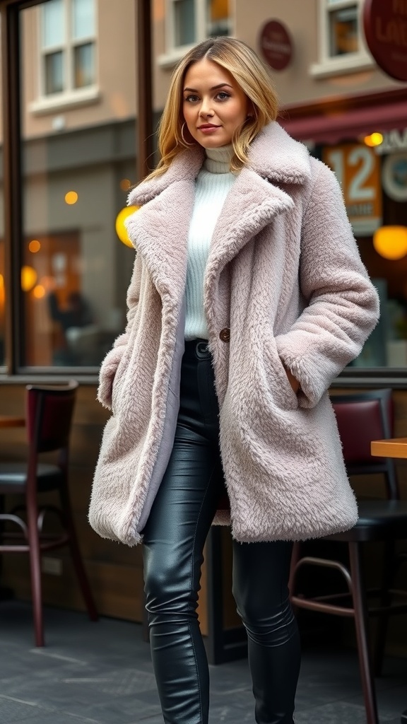 A teddy coat paired with leather leggings, showcasing a stylish winter outfit.