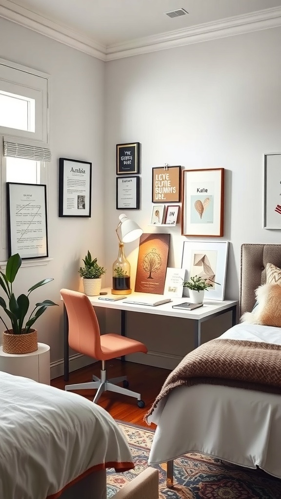 A cozy teenage workspace with a desk, peach chair, framed artwork, and plants.