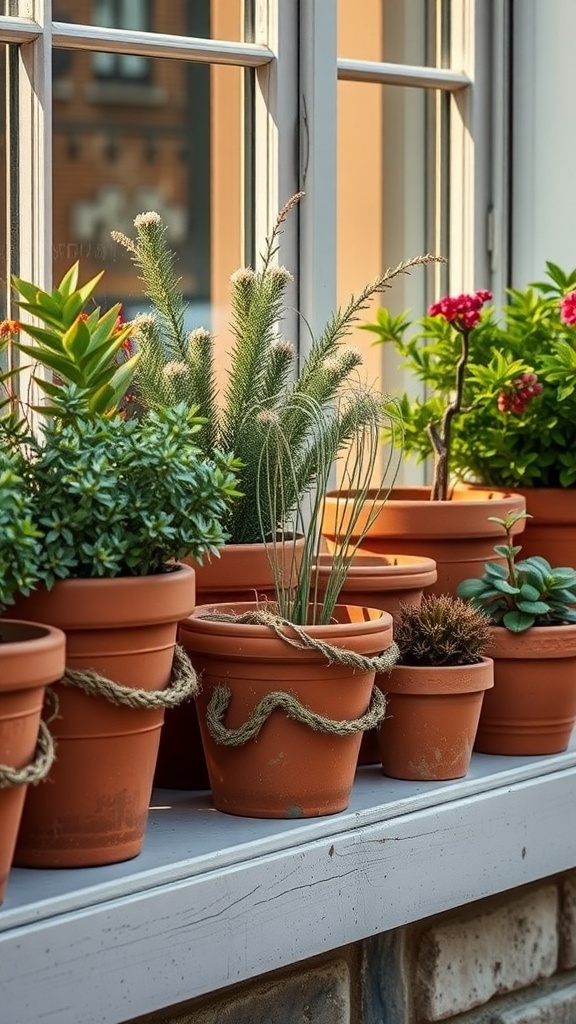 A collection of terra cotta plant holders with various plants on a windowsill.