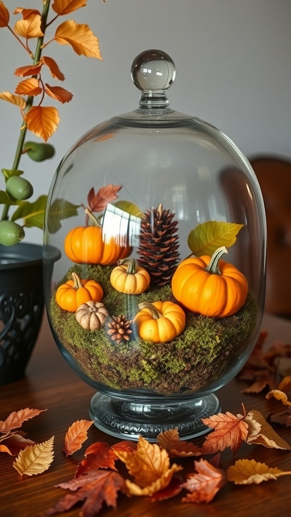 A glass terrarium featuring mini pumpkins, pinecones, and autumn leaves.
