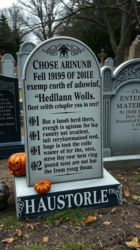A humorous tombstone with playful text and pumpkins, perfect for Halloween decorations.