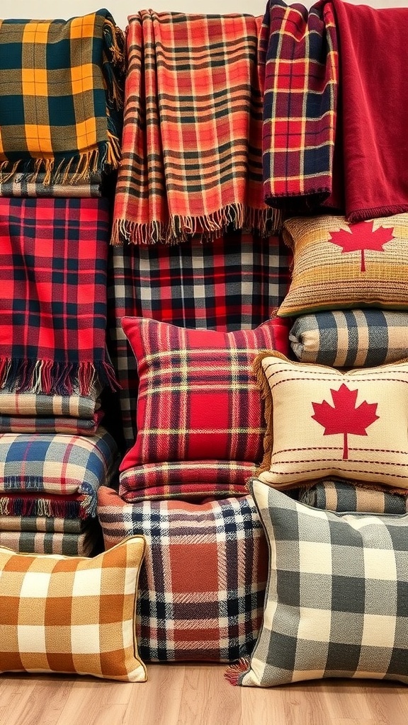 A collection of plaid blankets and pillows in warm autumn colors, showcasing cozy textile choices for fall decor.