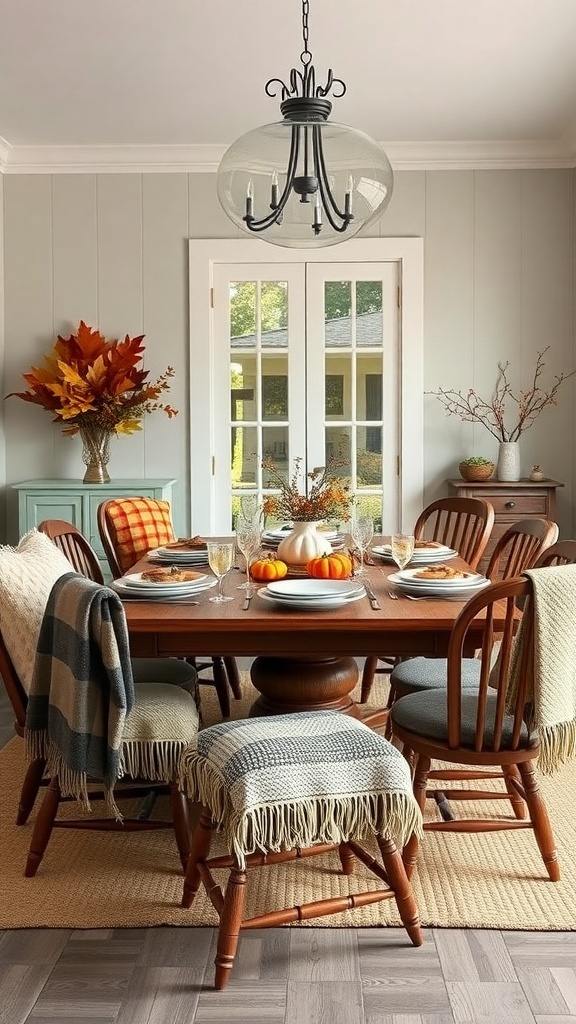 A cozy fall dining table setting with layered throws and cushions on chairs, pumpkins on the table, and a warm atmosphere.