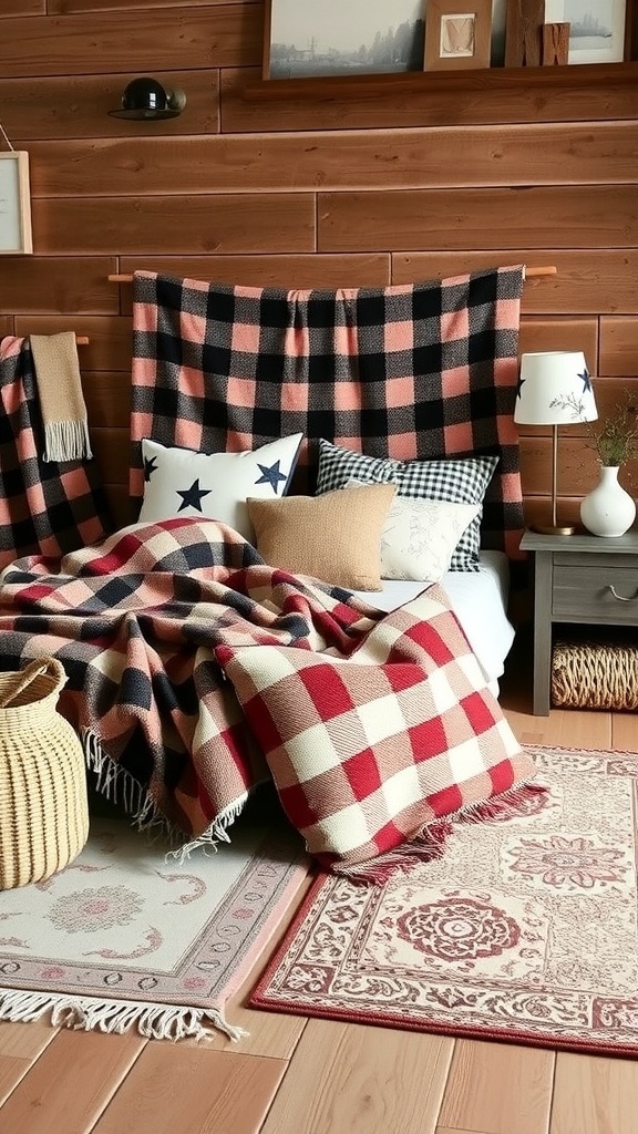 A cozy rustic chic living space featuring a mix of plaid and patterned textiles.