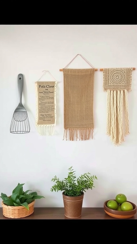 Textile wall hangings in a farmhouse kitchen with plants and kitchen utensils.