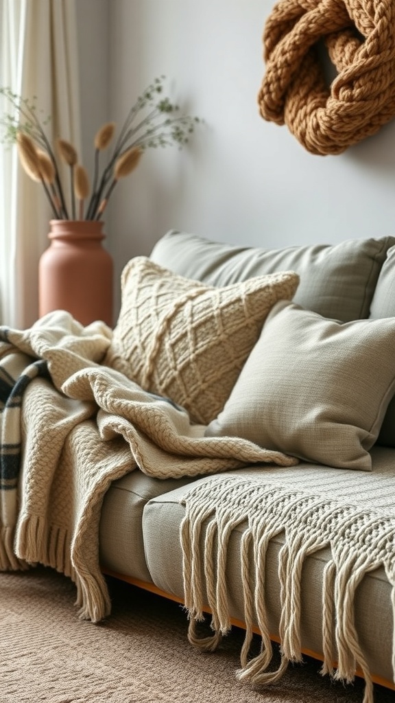 A cozy living room with a sofa adorned with soft blankets and textured pillows.