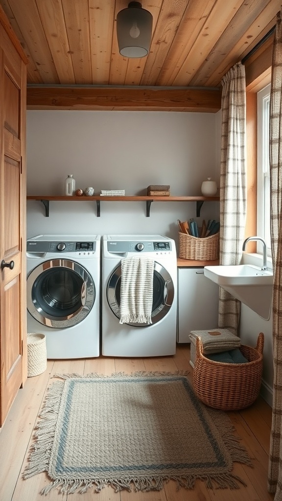 A rustic laundry room featuring a cozy rug, soft towels, and warm wooden accents.