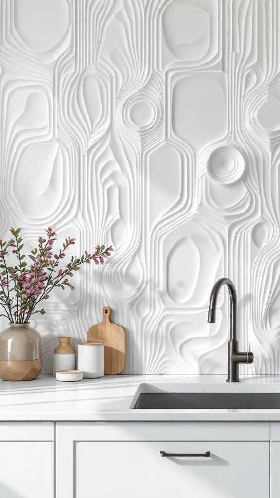A white kitchen backsplash featuring textured 3D panels with a wave pattern, complemented by a modern faucet and decorative items.