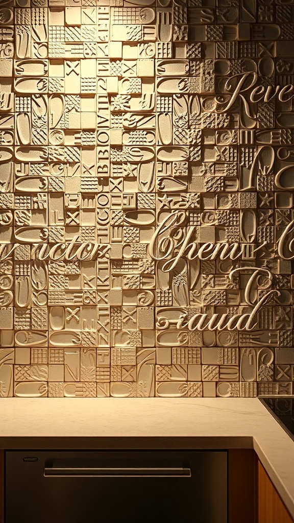 Textured 3D tiles on a kitchen wall with intricate patterns and designs.
