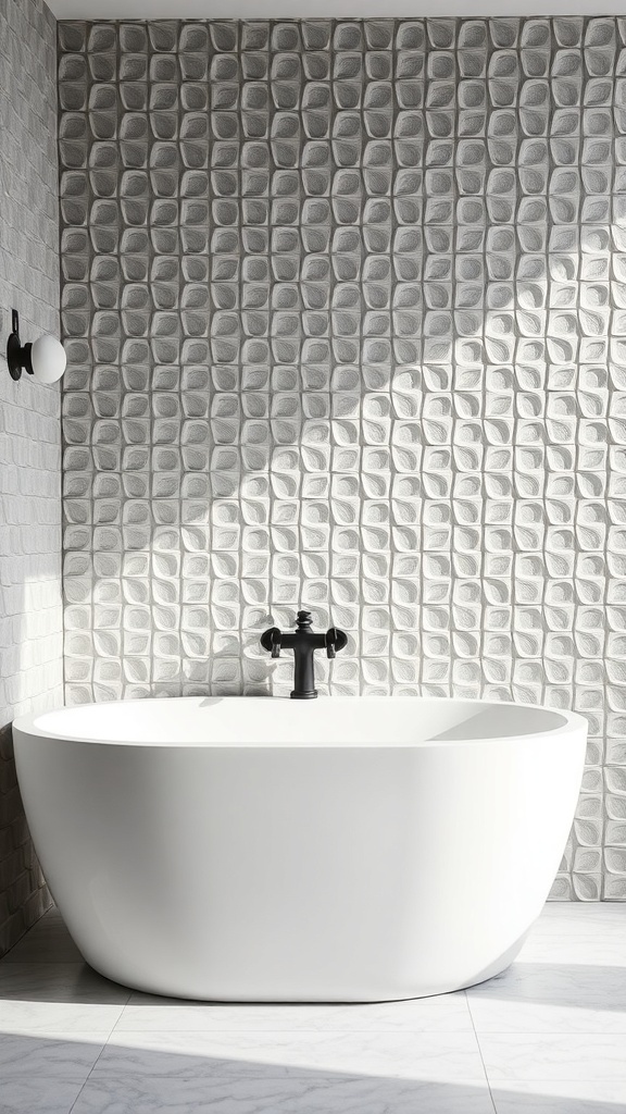 A bathroom featuring textured 3D tiles on the wall behind a white bathtub.