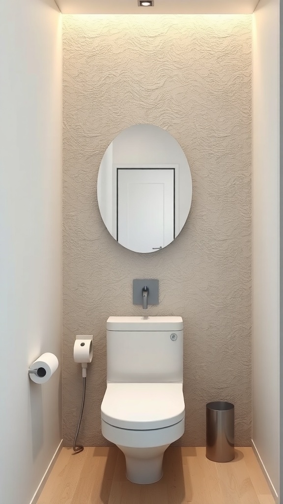 A minimalist bathroom with a textured accent wall, featuring a round mirror and a clean toilet.