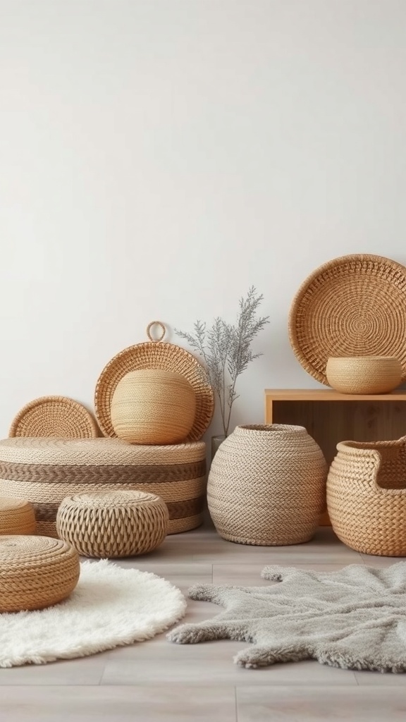 A collection of woven baskets and textured rugs in a cozy home setting.