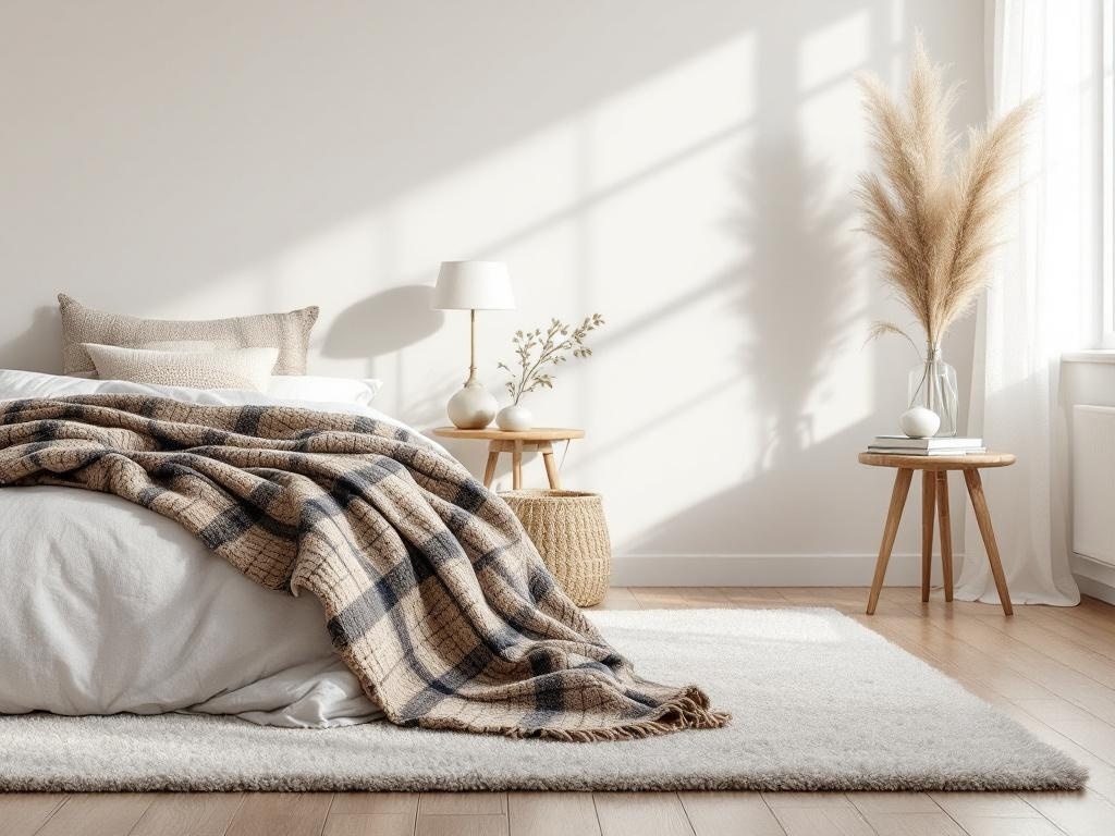 A minimalist bedroom featuring a cozy bed with a plaid blanket, wooden bedside tables, and a soft rug.