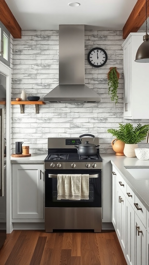 A rustic modern kitchen featuring a textured backsplash with a stove, clock, and plants.