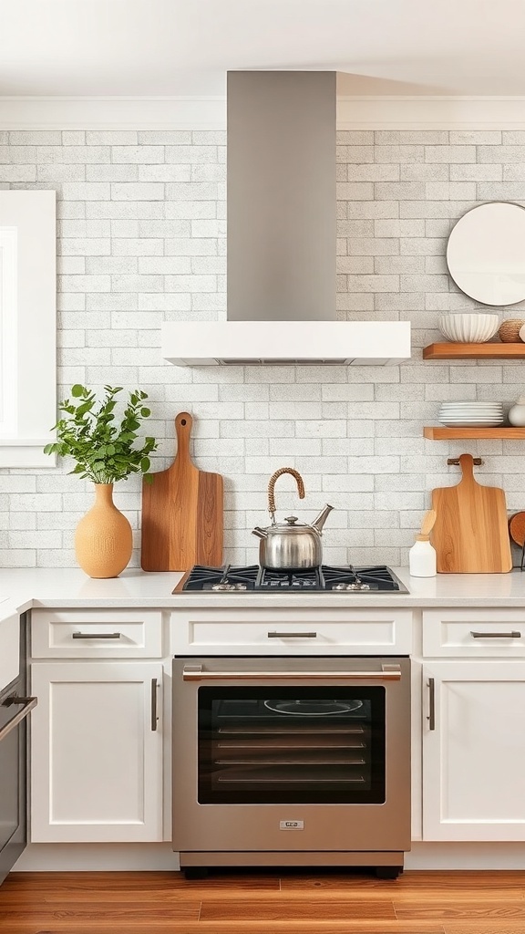 A modern farmhouse kitchen with a textured white brick backsplash, wooden cutting boards, and sleek appliances.