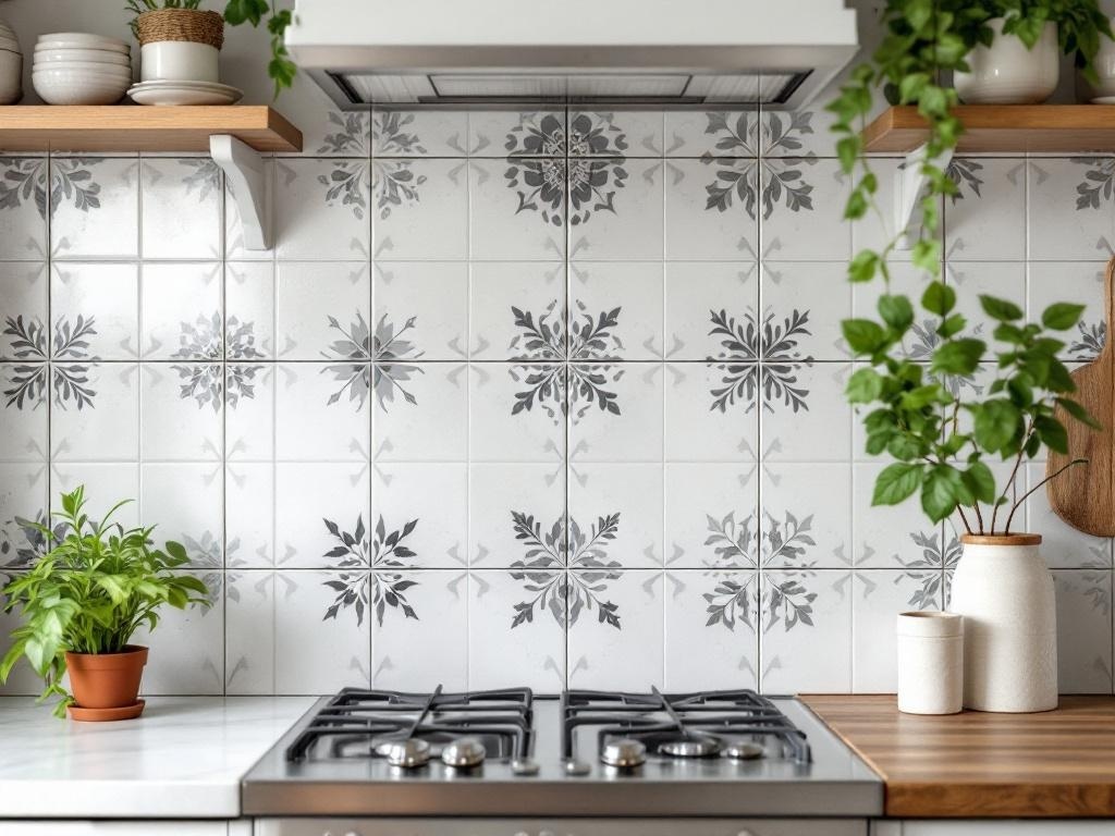 Cottage kitchen with textured tile backsplash featuring floral patterns and natural wood shelves.
