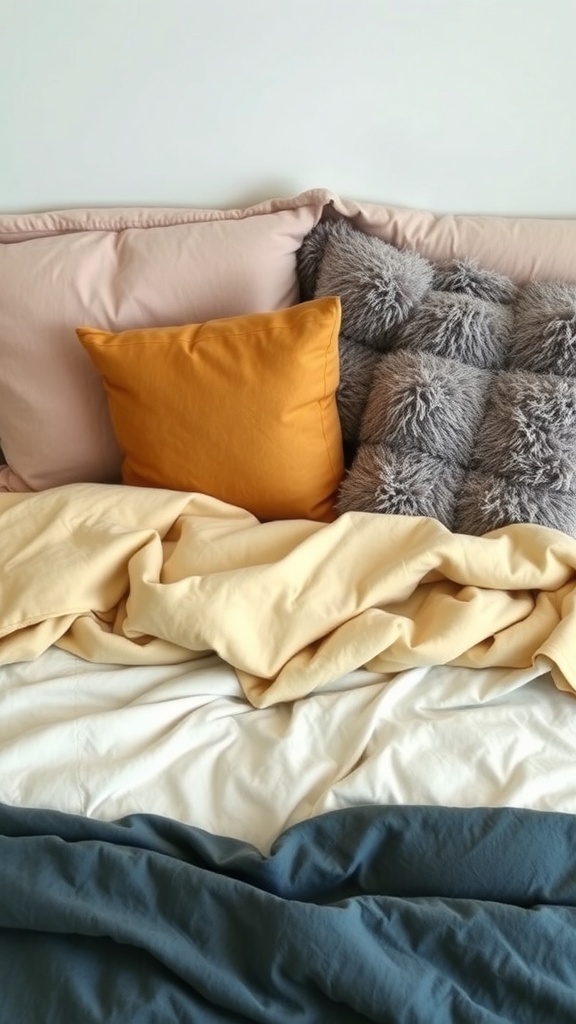 A cozy bed with textured bedding in soft neutral tones, featuring pillows and a fluffy throw.