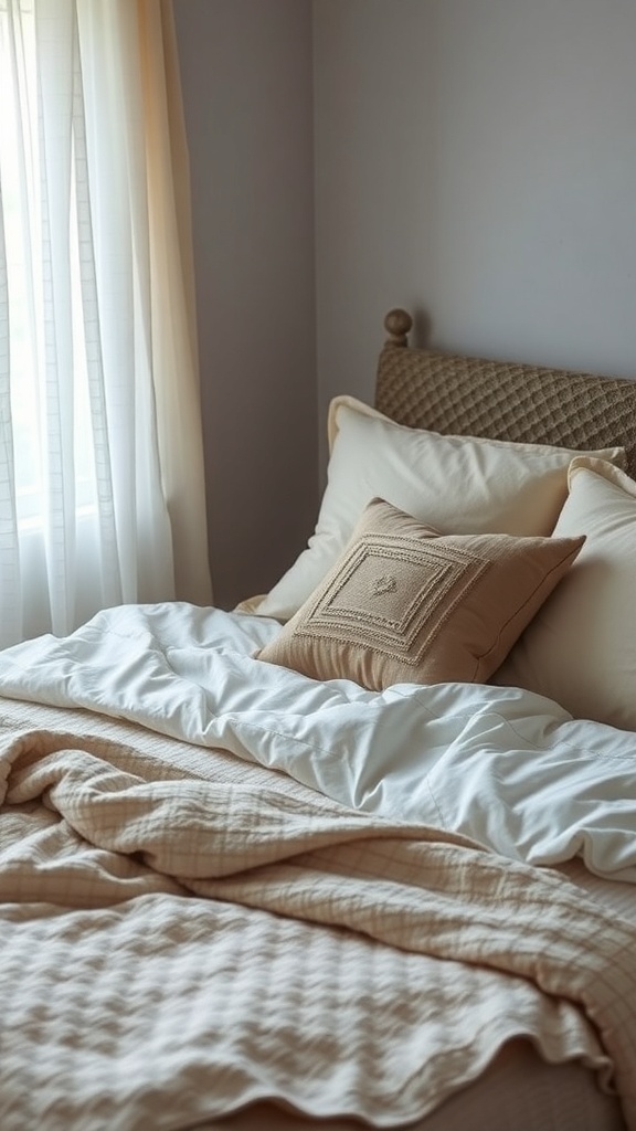 A cozy bed with layered textured bedding in soft neutral colors.