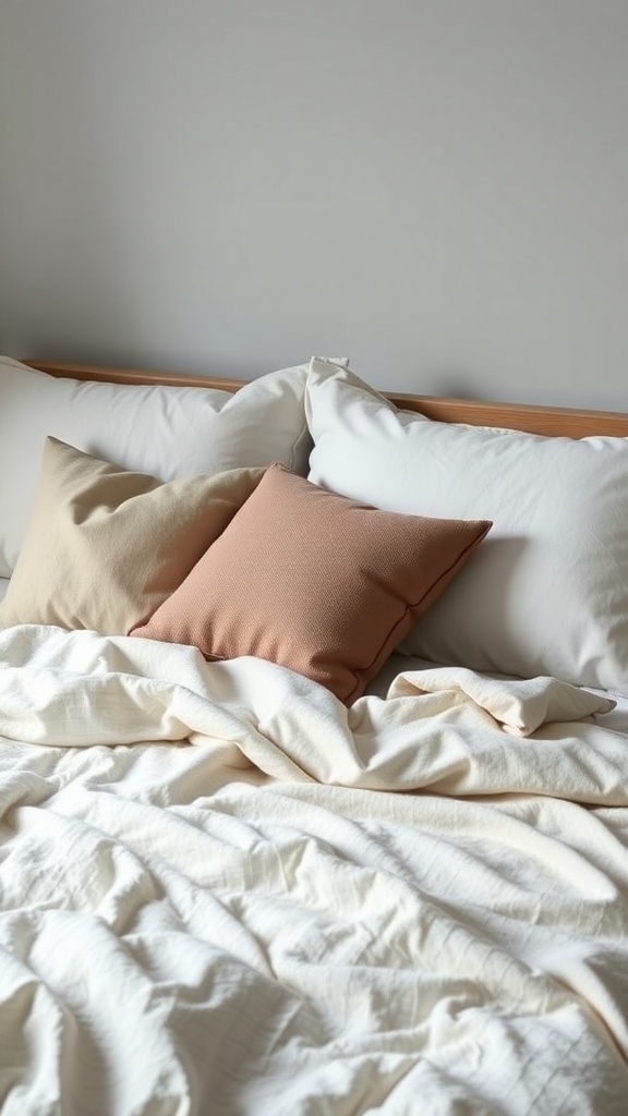 A minimalist bedroom featuring layered bedding with textured pillows.