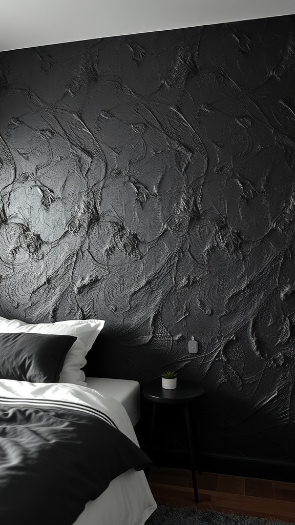 Textured black wall with white bedding