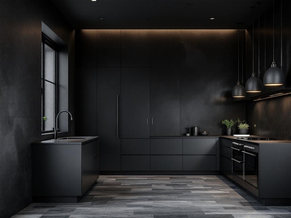 Modern kitchen with textured black walls and sleek design elements