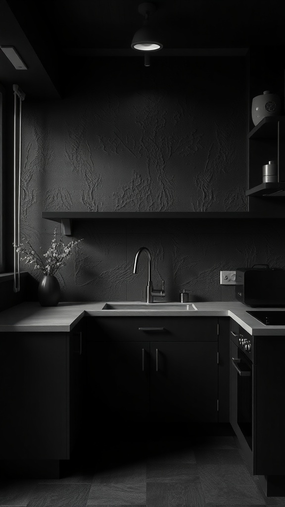A modern kitchen featuring textured black walls, sleek cabinetry, and gray countertops.