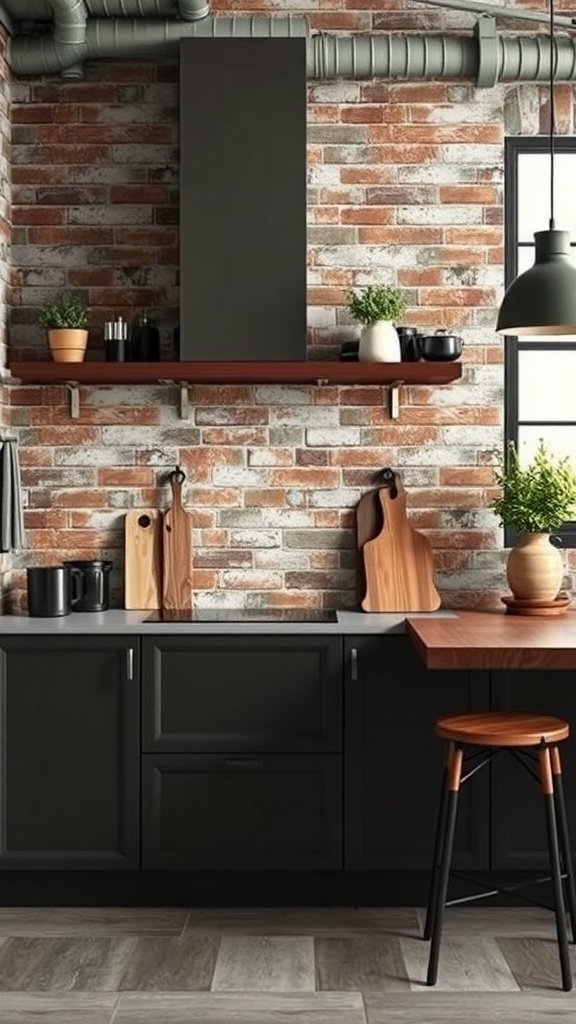 A modern kitchen featuring textured brick wallpaper with a stylish design.
