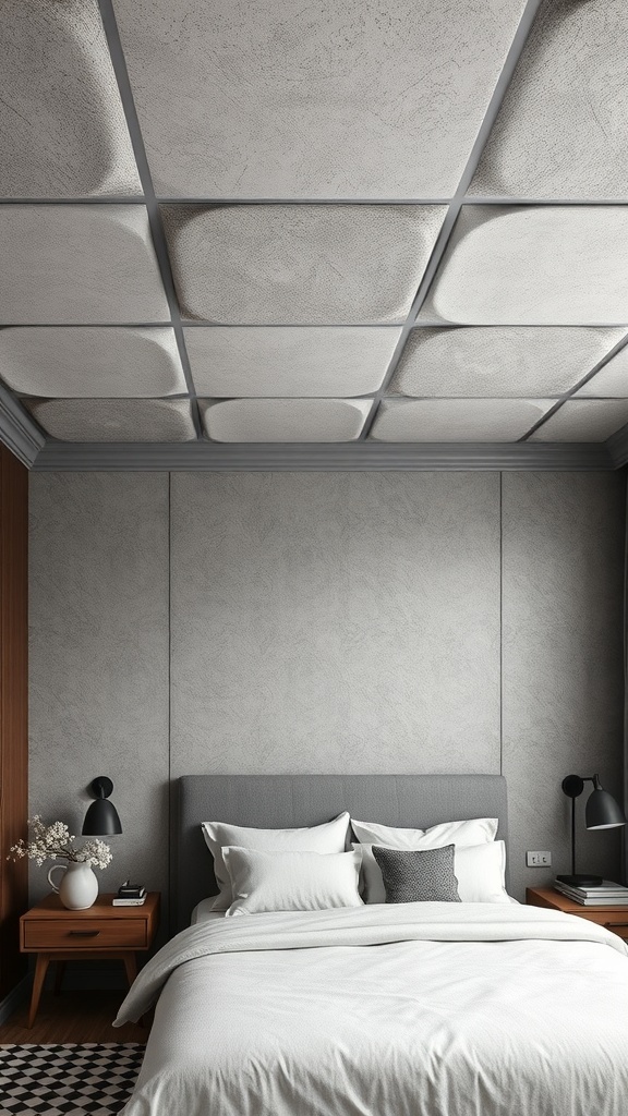 Modern bedroom with textured ceiling panels in soft gray tones.