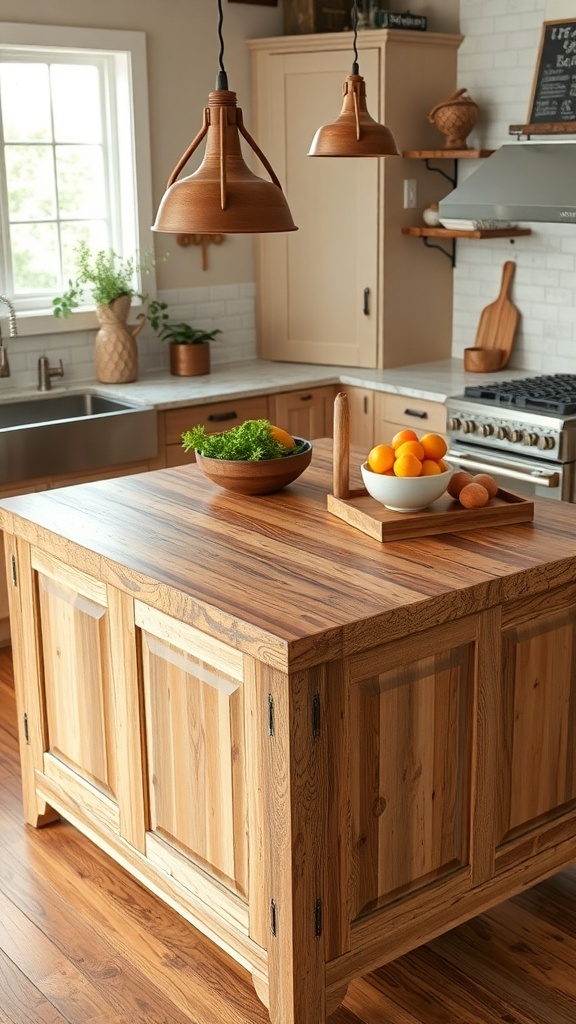 Rustic farmhouse kitchen island with textured countertops and wooden elements.