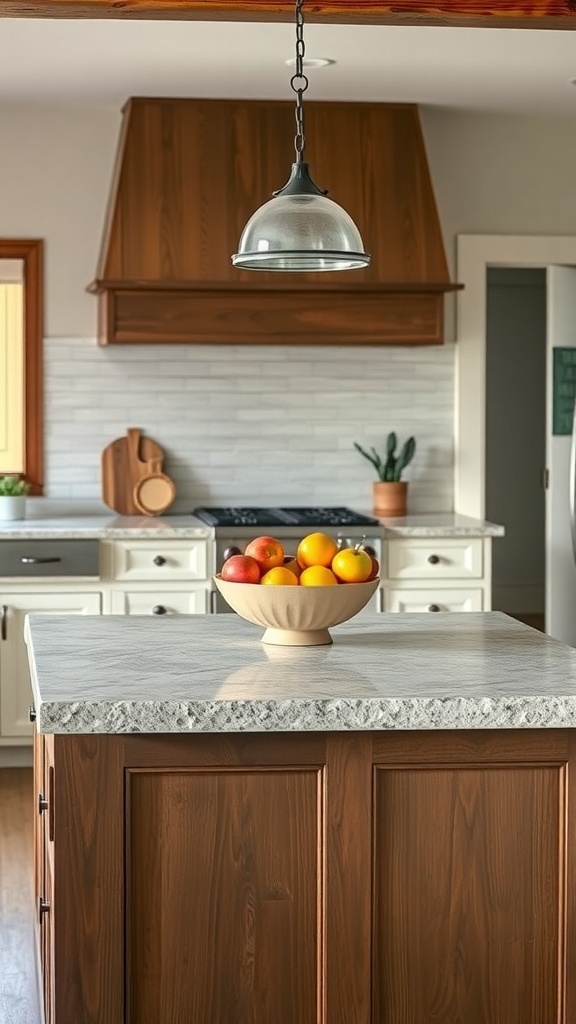 A farmhouse kitchen island with textured countertops and a bowl of colorful fruits.