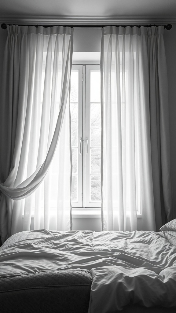 Textured white curtains hanging in a bedroom window, with a bed in the foreground.