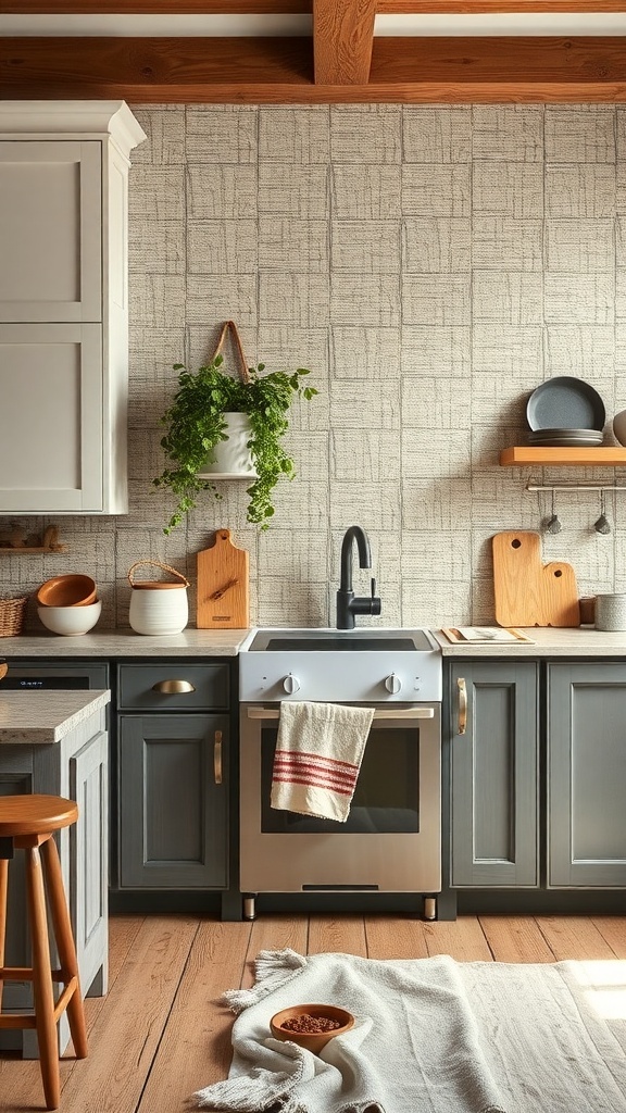 A farmhouse kitchen featuring textured fabric panels as a backsplash, with wooden accents and plants.