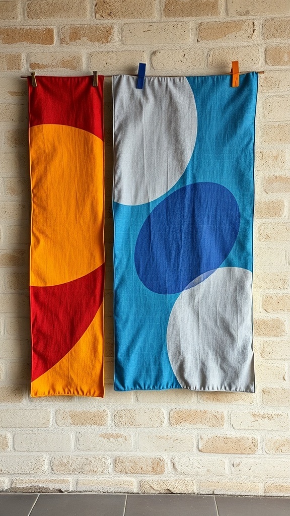 Two colorful fabric panels hanging on a wall.