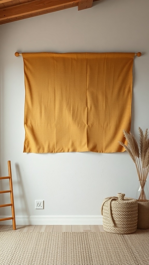 Textured fabric wall art in a warm golden color hanging on a wall, with a ladder and woven basket nearby.