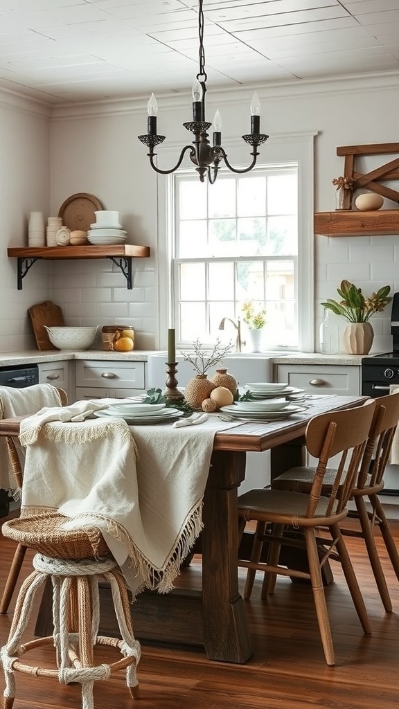 A cozy English farmhouse kitchen featuring textured fabrics and linens.