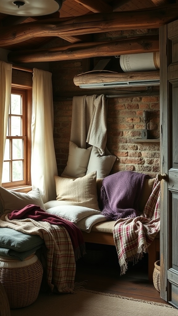 Cozy corner in a rustic cottage with textured fabrics and warm textiles.