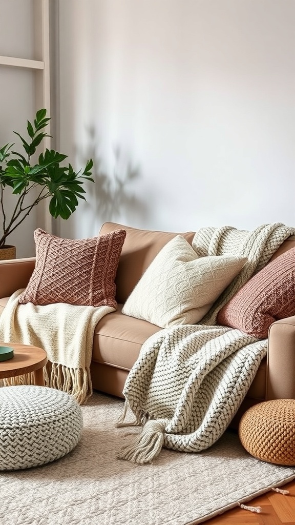 A cozy living room with a sofa adorned with textured pillows and throws, complemented by a knitted pouf.