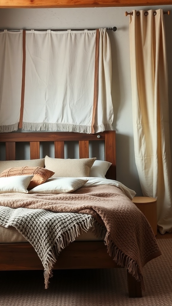 A cozy bedroom featuring layered textured fabrics on the bed and curtains.