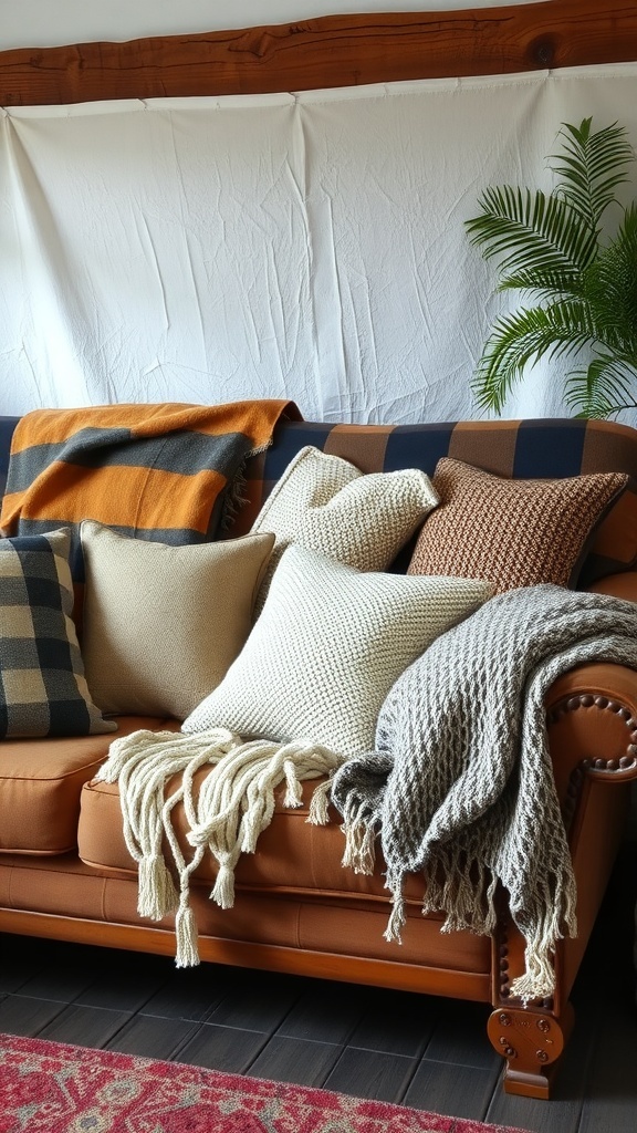 A cozy sofa with various textured pillows and throws, showcasing a modern rustic style.
